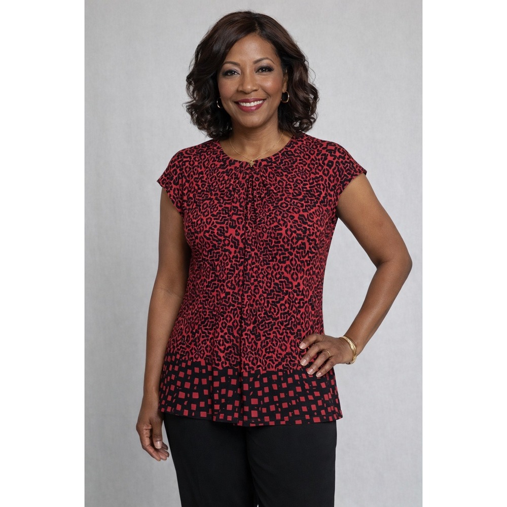 Liz Claiborne Career Womens Red & Black Leopard Print Pleated Top